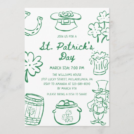 Hand Drawn Scribble Doodles St Patrick's Day Invit Kaart (Voorkant)