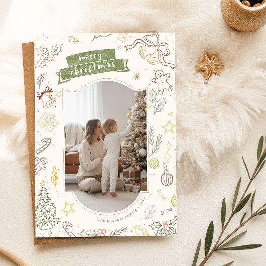 Hand Drawn Scribble Family Kid Photo Christmas Feestdagenkaart