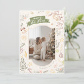 Hand Drawn Scribble Family Kid Photo Christmas Feestdagenkaart (Staand voorkant)