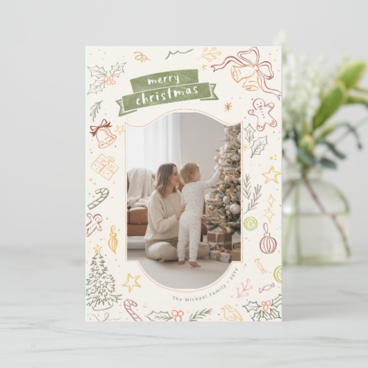 Hand Drawn Scribble Family Kid Photo Christmas Feestdagenkaart (Staand voorkant)