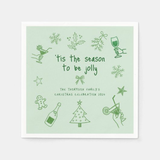Hand Drawn Scribble Glitter Green Christmas Party Servet (Voorkant)