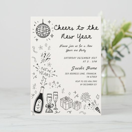 Hand Drawn scribble New Year’s Eve Party Kaart (Staand voorkant)