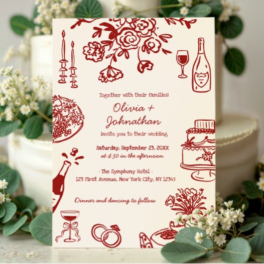 Hand Drawn Scribbles/Doodles Wedding Invitation Kaart