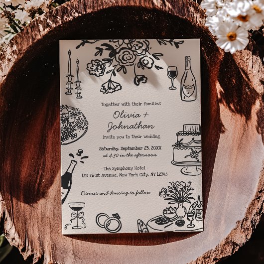 Hand Drawn Scribbles/Doodles Wedding Invitation Kaart