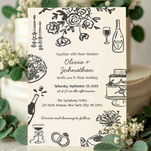 Hand Drawn Scribbles/Doodles Wedding Invitation Kaart