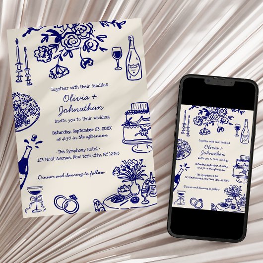 Hand Drawn Scribbles/Doodles Wedding Invitation Kaart