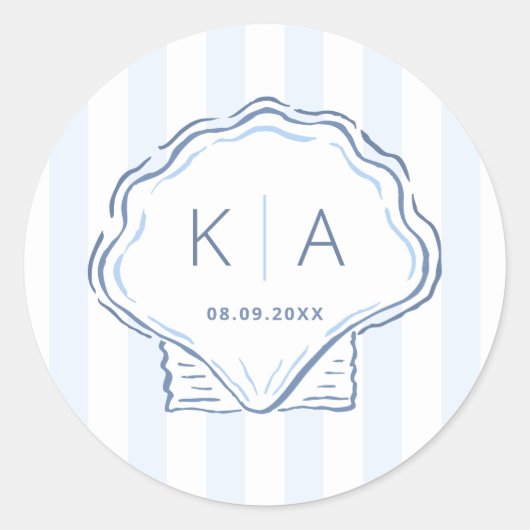 Hand-Drawn Shell Coastal Wedding Monogram Ronde Sticker (Voorkant)