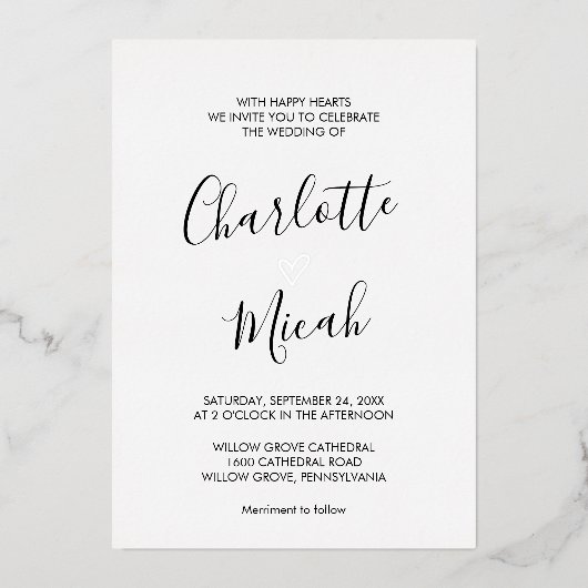 Hand Drawn Silver Foil Heart Wedding Folie Uitnodiging (Voorkant)