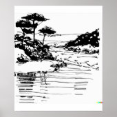 hand drawn sketch of flowing river in Ukiyo-E art Poster (Voorkant)