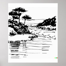 hand drawn sketch of flowing river in Ukiyo-E art Poster