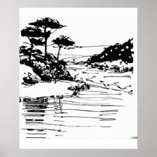 hand drawn sketch of flowing river in Ukiyo-E art Poster