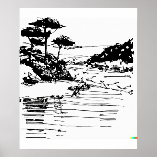 hand drawn sketch of flowing river in Ukiyo-E art Poster (Voorkant)
