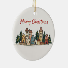 Hand-Drawn Snowy Village Art Keramisch Ornament