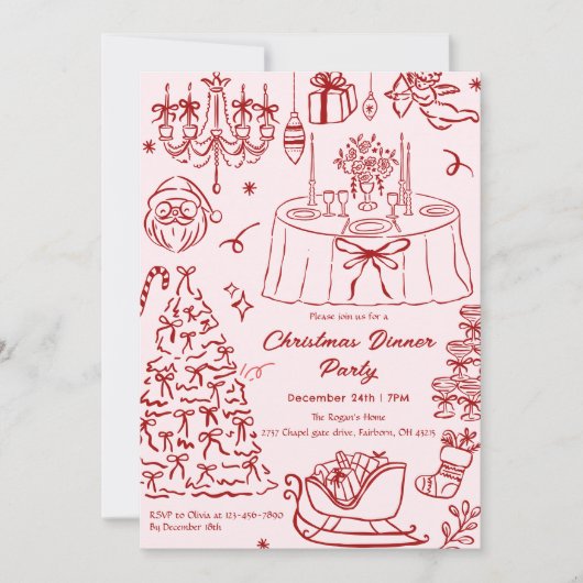 Hand Drawn Squiggle Doodles Christmas Party Invita Kaart (Voorkant)