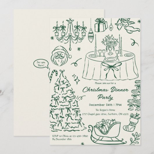 Hand Drawn Squiggle Doodles Christmas Party Invita Kaart (Voorkant / Achterkant)