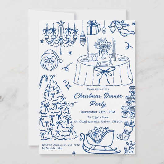 Hand Drawn Squiggle Doodles Christmas Party Invita Kaart (Voorkant)