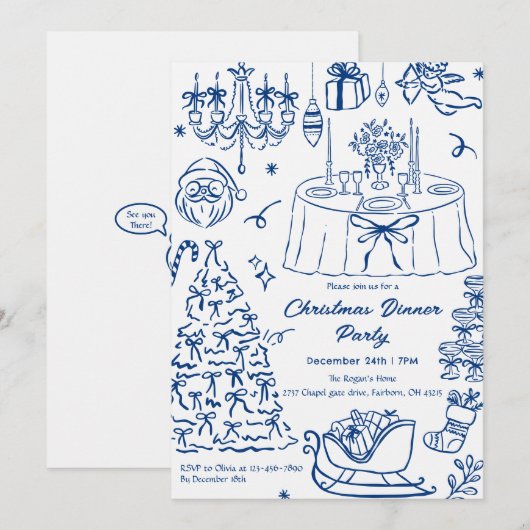 Hand Drawn Squiggle Doodles Christmas Party Invita Kaart (Voorkant / Achterkant)