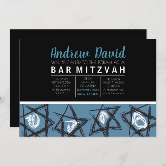 HAND-DRAWN STARS Bar Bat Mitzvah Uitnodiging (Voorkant / Achterkant)