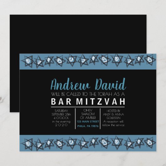 HAND-DRAWN STARS Bar Bat Mitzvah Uitnodiging (Voorkant / Achterkant)