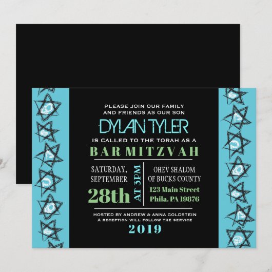 HAND-DRAWN STARS Bar Bat Mitzvah Uitnodiging (Voorkant / Achterkant)