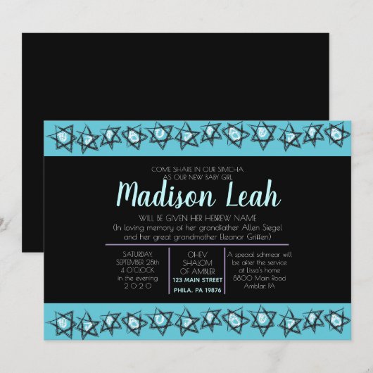 HAND-DRAWN STARS Jewish Baby Naming Invitation Kaart (Voorkant / Achterkant)