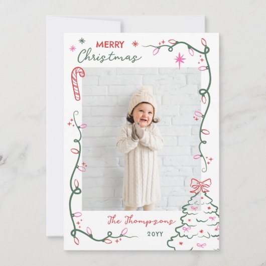 Hand-Drawn String Lights & Tree Merry Christmas Feestdagenkaart (Voorkant)