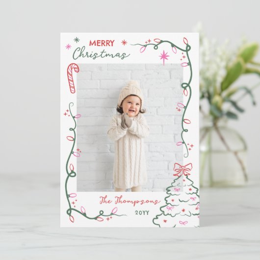 Hand-Drawn String Lights & Tree Merry Christmas Feestdagenkaart (Staand voorkant)