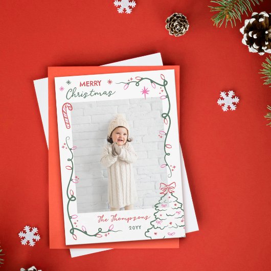 Hand-Drawn String Lights & Tree Merry Christmas Feestdagenkaart