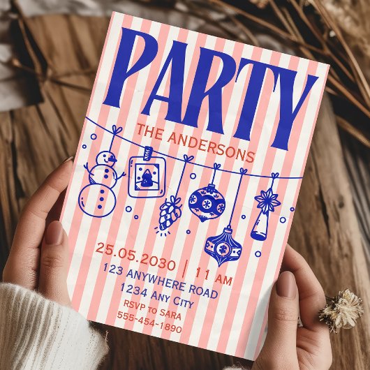 Hand Drawn striped blue pink christmas party Kaart