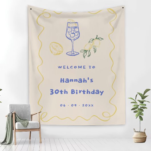 Hand Drawn Summer Adult 30th Birthday Party Wandkleed