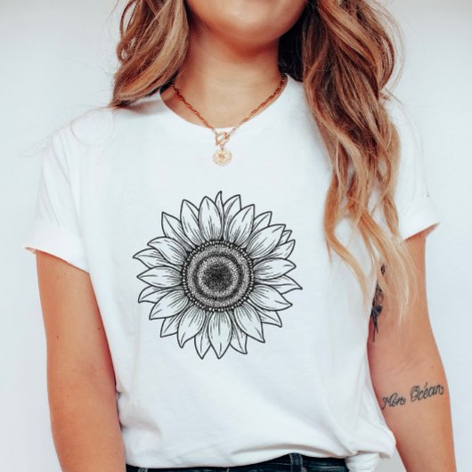Hand-Drawn Sunflower; Elegant Floral Summer T-shirt