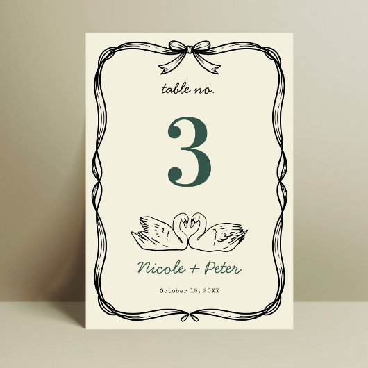 Hand Drawn Swan Handwriting Wedding Table Number Kaart