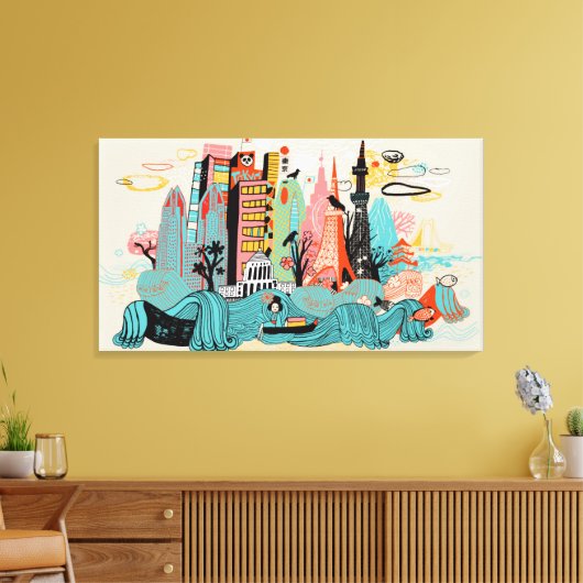 Hand Drawn Tokyo Japan Canvas Afdruk (Insitu (Woonkamer))