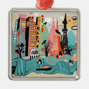 Hand Drawn Tokyo Japan Metalen Ornament