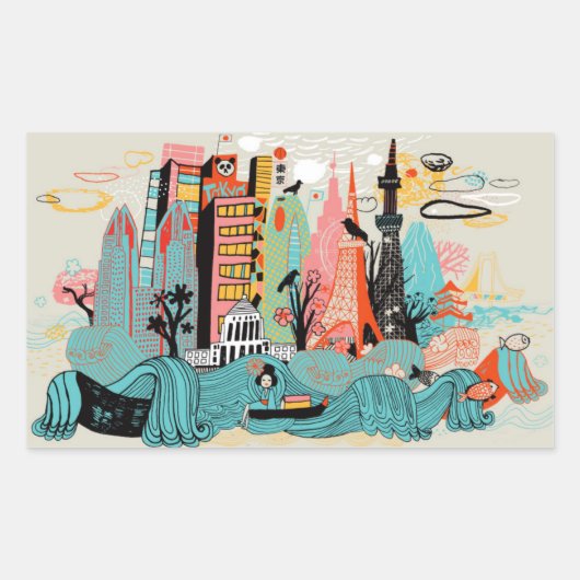 Hand Drawn Tokyo Japan Rechthoekige Sticker (Voorkant)