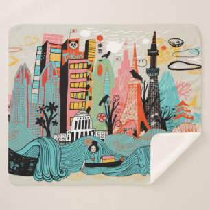 Hand Drawn Tokyo Japan Sherpa Deken