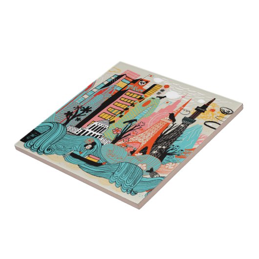 Hand Drawn Tokyo Japan Tegeltje (Zijkant)