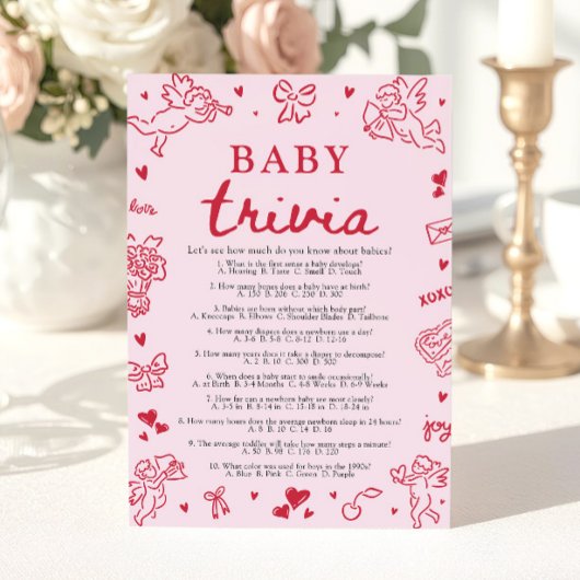 Hand Drawn Valentine Baby Shower Baby Trivia Game Kaart