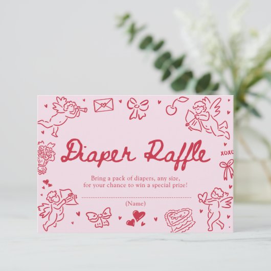 Hand Drawn Valentine Baby Shower Diaper Raffle Informatiekaartje (Staand voorkant)
