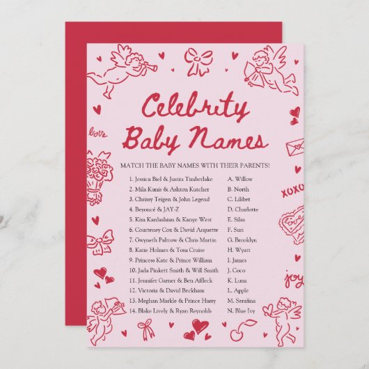 Hand Drawn Valentine Celebrity Baby Name Game Kaart (Voorkant / Achterkant)