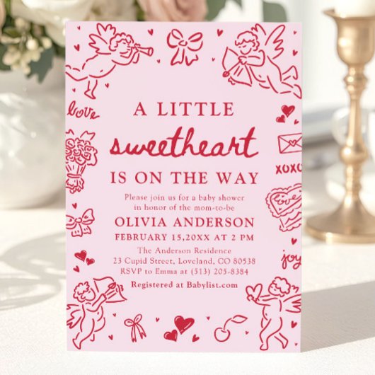 Hand Drawn Valentine Little Sweetheart Baby Shower Kaart