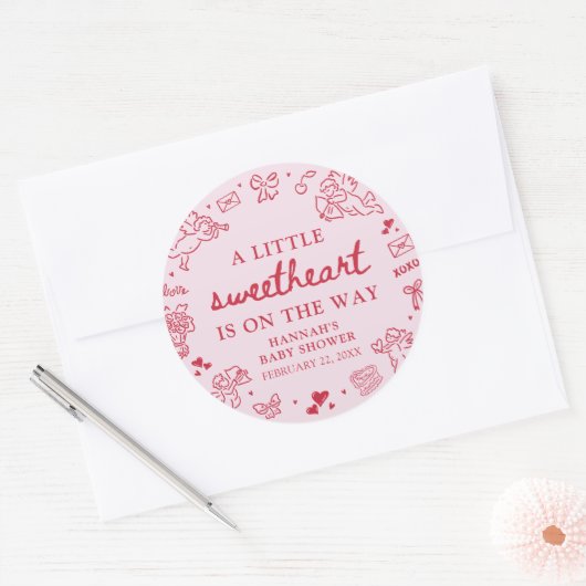 Hand Drawn Valentine Little Sweetheat Baby Shower Ronde Sticker (Envelop)