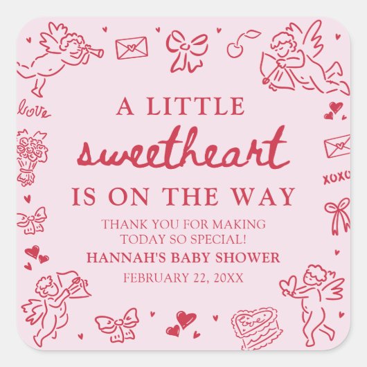 Hand Drawn Valentine Little Sweetheat Baby Shower Vierkante Sticker (Voorkant)