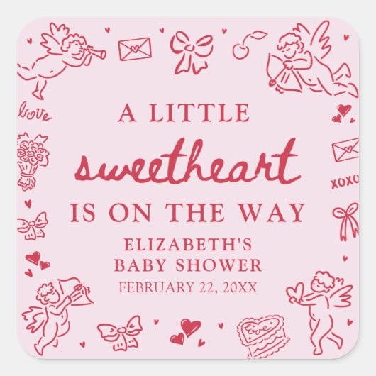 Hand Drawn Valentine Little Sweetheat Baby Shower Vierkante Sticker (Voorkant)