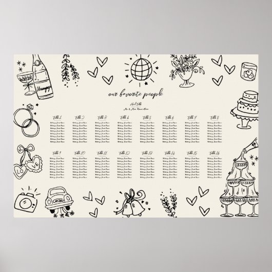 Hand Drawn Vintage Whimsical Wedding Seating Chart Poster (Voorkant)
