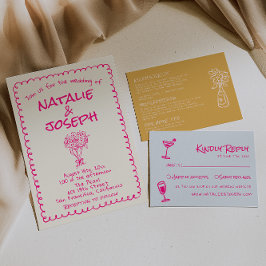 Hand Drawn Vivid Pink Retro Funky Quirky Wedding Kaart