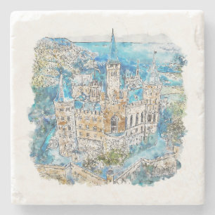 Hand Drawn Waterverf Hohenzollern Castle Duitsland Stenen Onderzetter