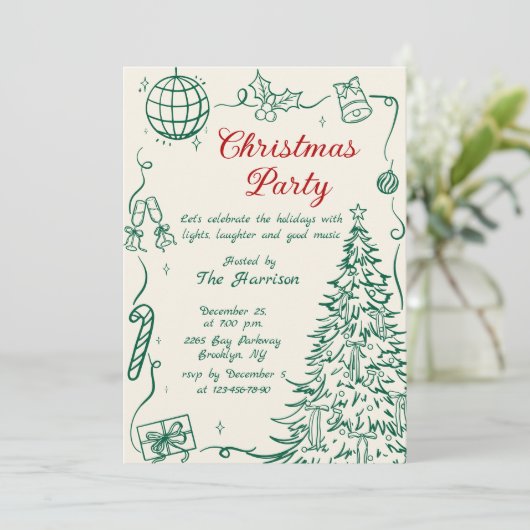 Hand Drawn Whimsical Christmas Holiday Party Kaart (Staand voorkant)