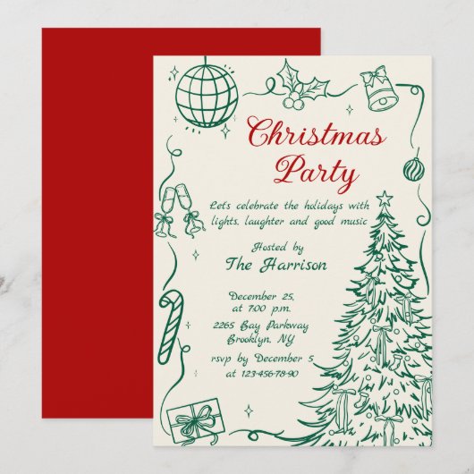 Hand Drawn Whimsical Christmas Holiday Party Kaart (Voorkant / Achterkant)