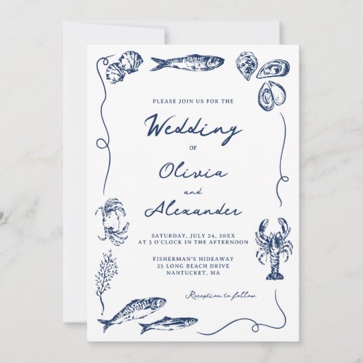 Hand Drawn Whimsical Coastal Navy Blue Wedding Kaart (Voorkant)